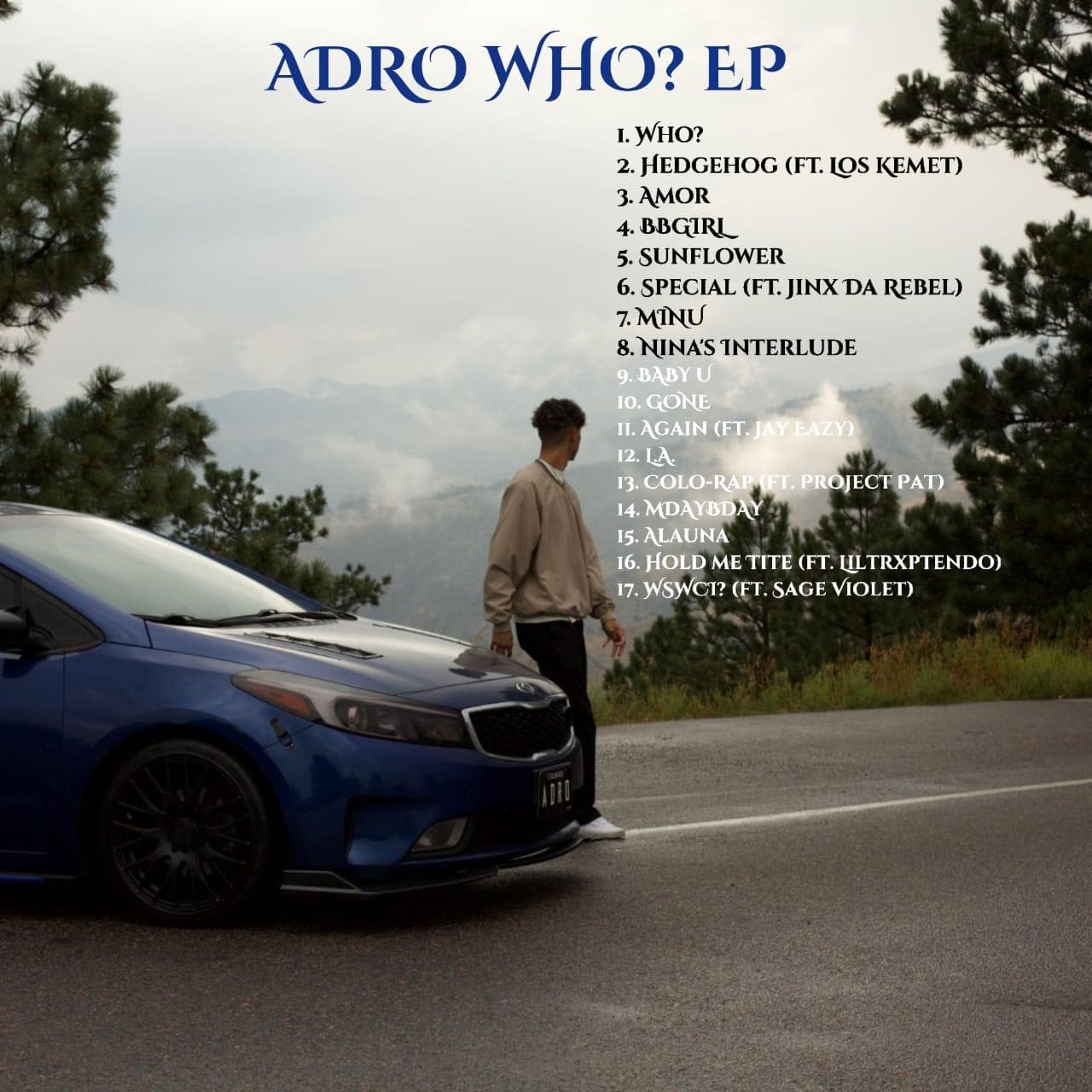 The EP back cover: ADRO WHO? beside a blue car with an ADRO plate