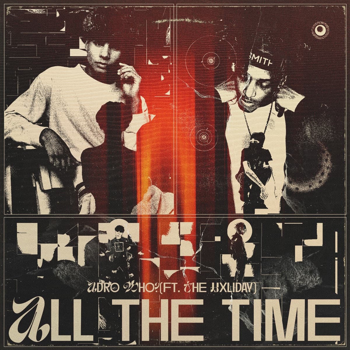 ALL the time cover: black and white collage of ADRO WHO? and TheHxliday with red light